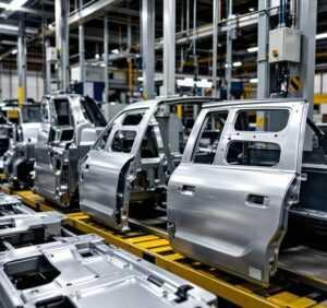 Aluminum automotive body panels and chassis components on a vehicle assembly line during car manufacturing