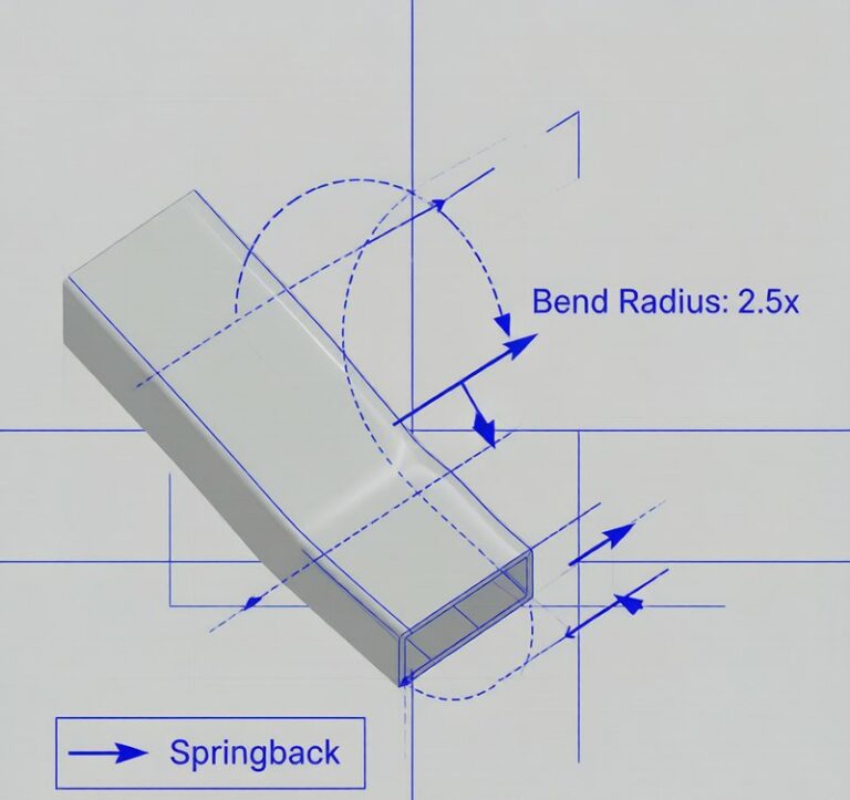 Bend radius and springback visualization diagram for aluminum forming calculations