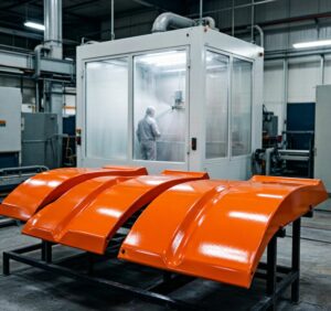 Aluminum powder coating process in electrostatic spray booth with colored coated parts
