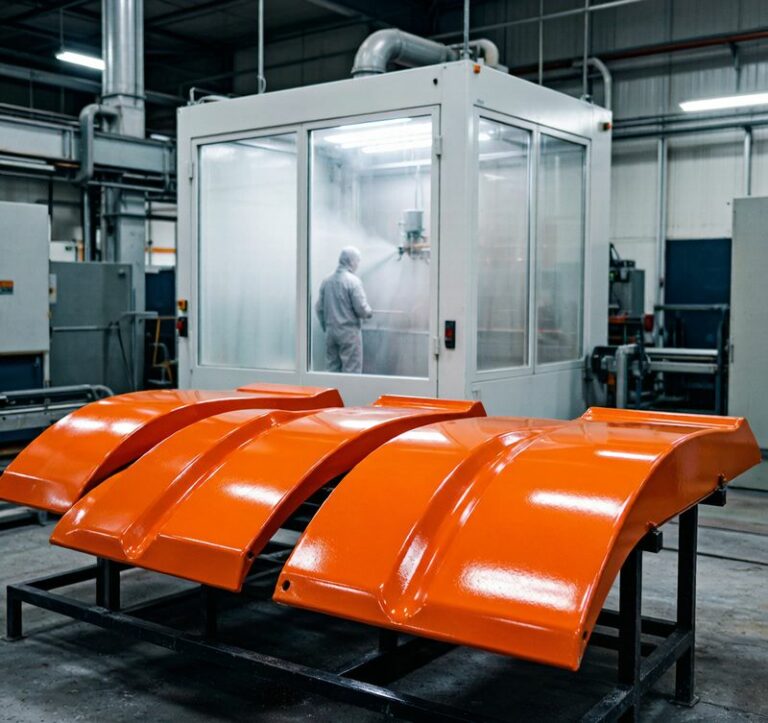 Aluminum powder coating process in electrostatic spray booth with colored coated parts