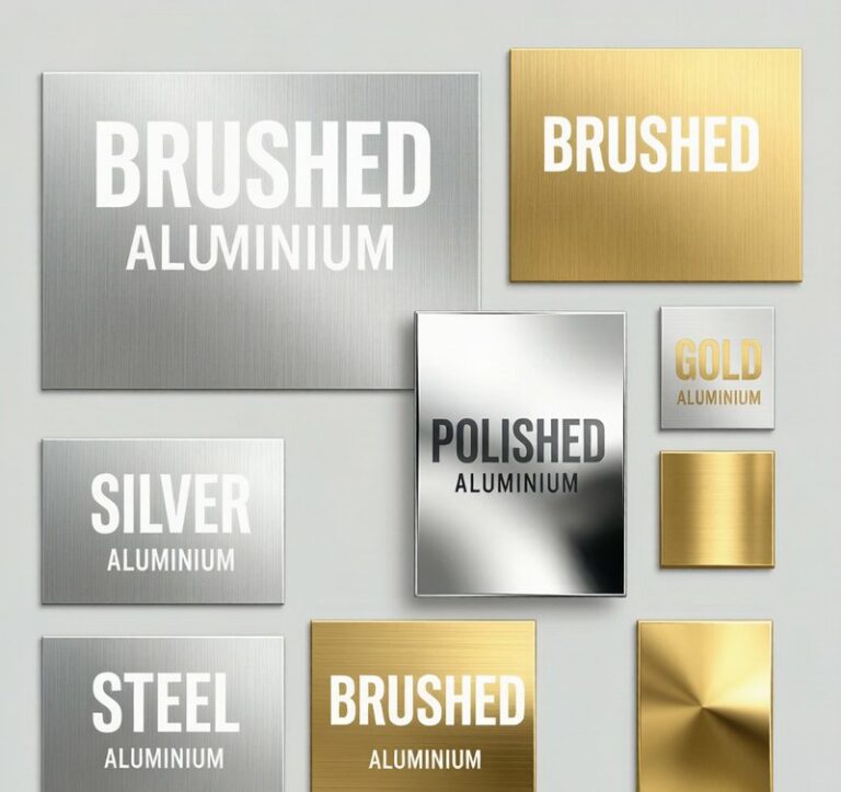 Comparison display of multiple aluminum surface treatment methods with finish samples