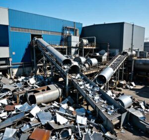 Aluminum recycling facility with scrap metal sorting and processing equipment