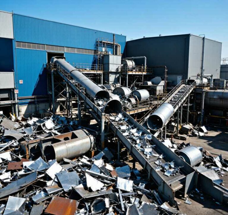 Aluminum recycling facility with scrap metal sorting and processing equipment