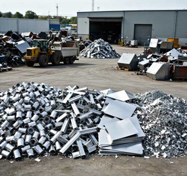 Aluminum scrap piles sorted by type: UBC, extrusions, sheets, turnings