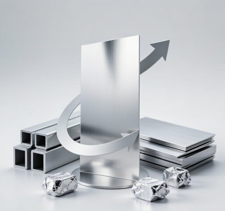 Recycled aluminum products: sheets, extrusions, ingots representing circular economy