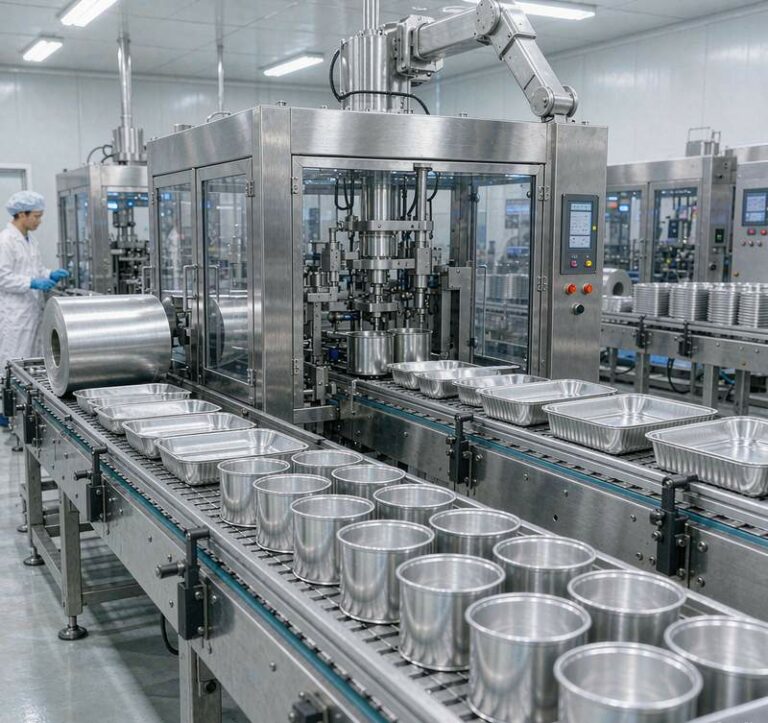 Aluminum food cans and trays on clean food packaging production line