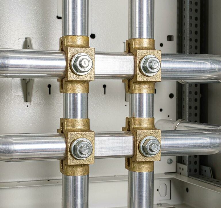 Close-up of aluminum busbar connection joints with bolts and copper transition lugs