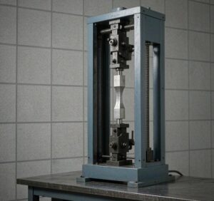 Aluminum tensile test specimen in materials testing machine measuring yield and tensile strength