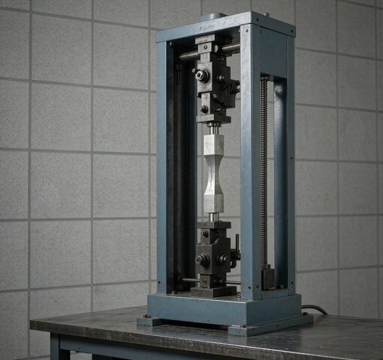 Aluminum tensile test specimen in materials testing machine measuring yield and tensile strength