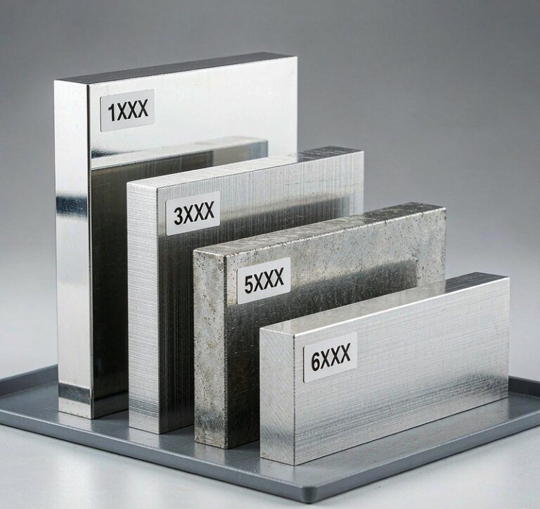 Aluminum alloy samples of different tempers arranged for mechanical property comparison