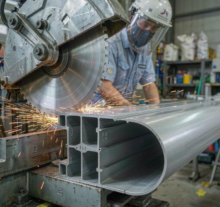 Circular saw cutting aluminum bar with lubrication and chip collection