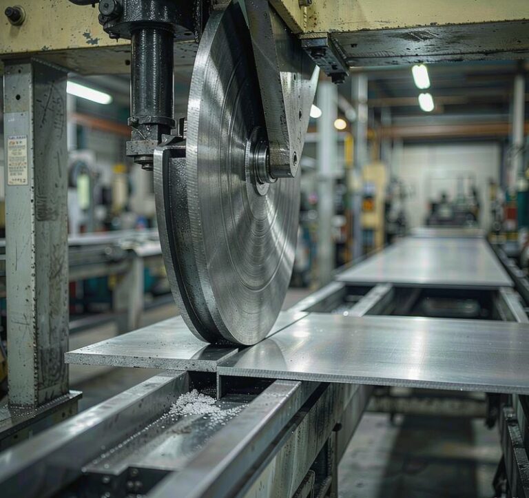 Shearing machine cutting aluminum sheet in straight line fabrication shop