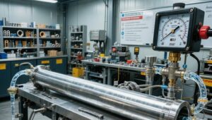 Hydrostatic pressure test on an aluminum tube with calibrated pressure gauge, verifying wall thickness integrity and burst pressure rating at HXM Aluminum factory