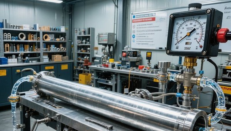 Hydrostatic pressure test on an aluminum tube with calibrated pressure gauge, verifying wall thickness integrity and burst pressure rating at HXM Aluminum factory